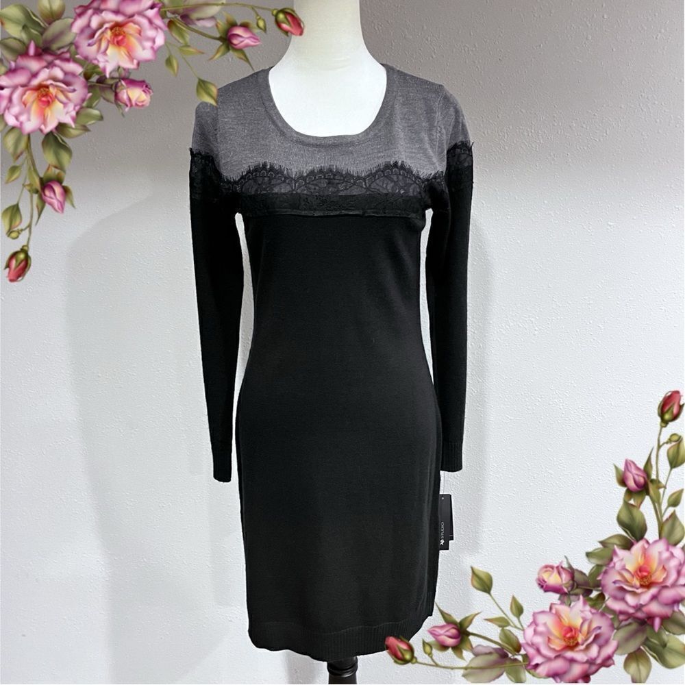 Scoop neck long sleeve sweater dress with lace details